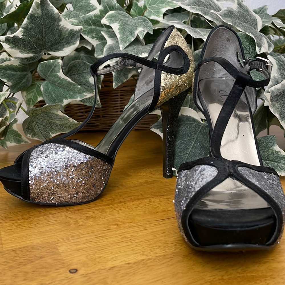 Guess Platform Black, Gold and Silver Glitter T-Strap Heels, Size 8